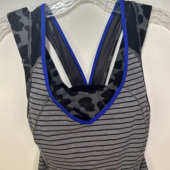 Lululemon Sz. 4 Super Sport Gray Blue Striped Animal Print Athletic Tank Top - Picture 2 of 12
